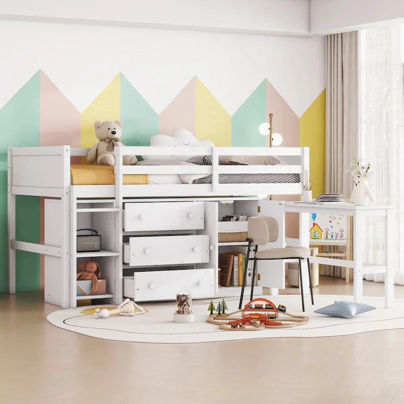 Lit bas mezzanine en bois pour enfant avec bureau coulissant, tiroirs, armoire et étagères