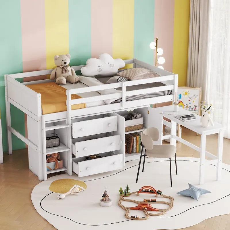 Lit bas mezzanine en bois pour enfant avec bureau coulissant, tiroirs, armoire et étagères