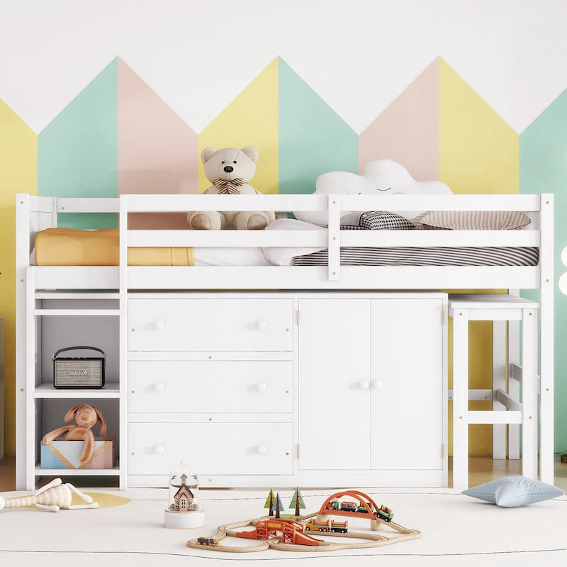 Lit bas mezzanine en bois pour enfant avec bureau coulissant, tiroirs, armoire et étagères