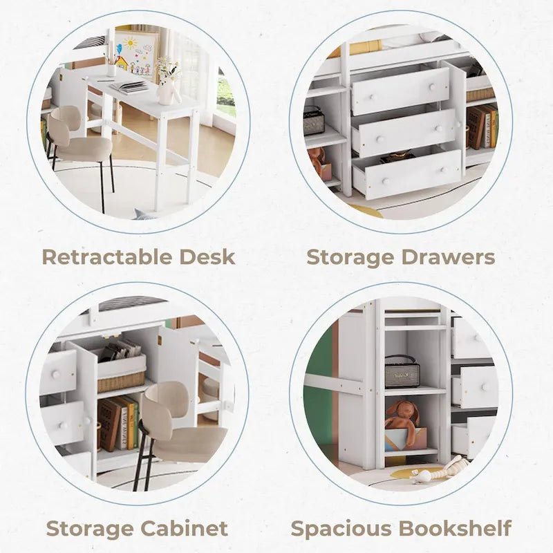 Lit bas mezzanine en bois pour enfant avec bureau coulissant, tiroirs, armoire et étagères