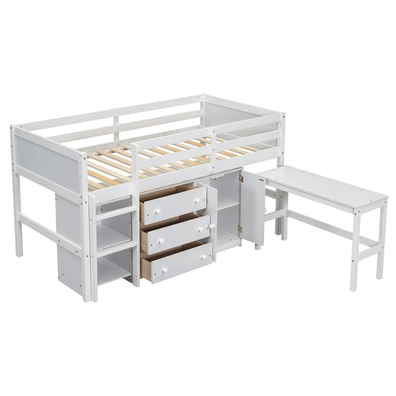 Lit bas mezzanine en bois pour enfant avec bureau coulissant, tiroirs, armoire et étagères