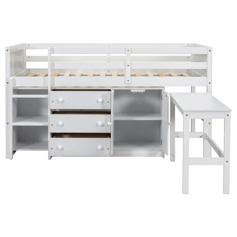 Lit bas mezzanine en bois pour enfant avec bureau coulissant, tiroirs, armoire et étagères