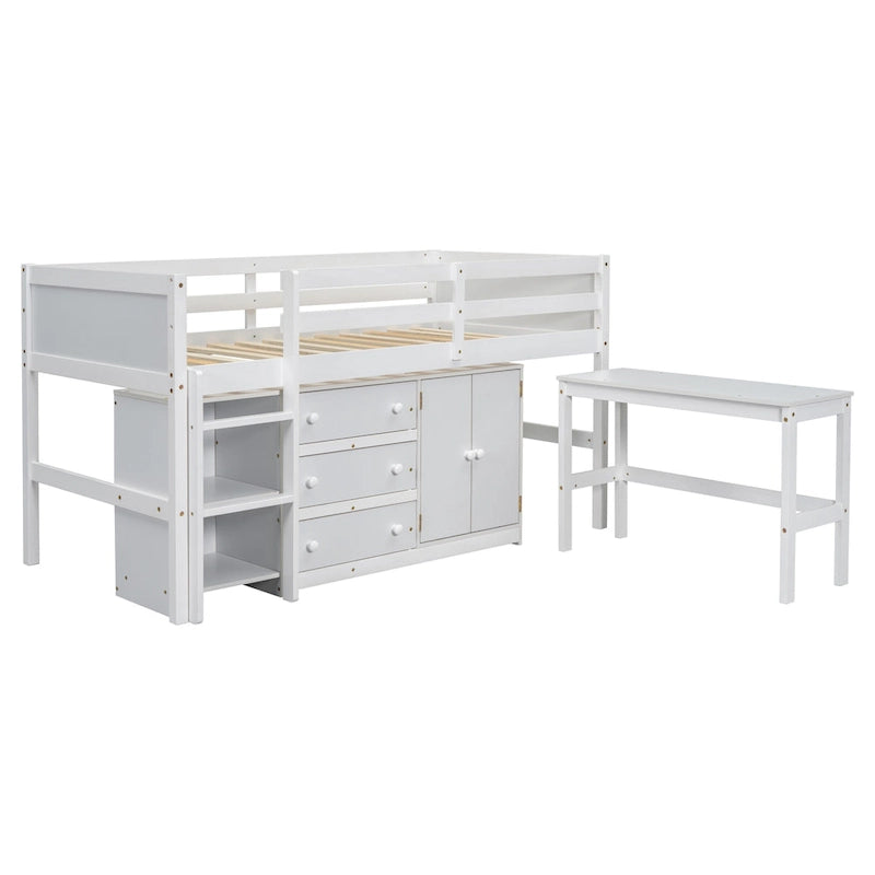 Lit bas mezzanine en bois pour enfant avec bureau coulissant, tiroirs, armoire et étagères