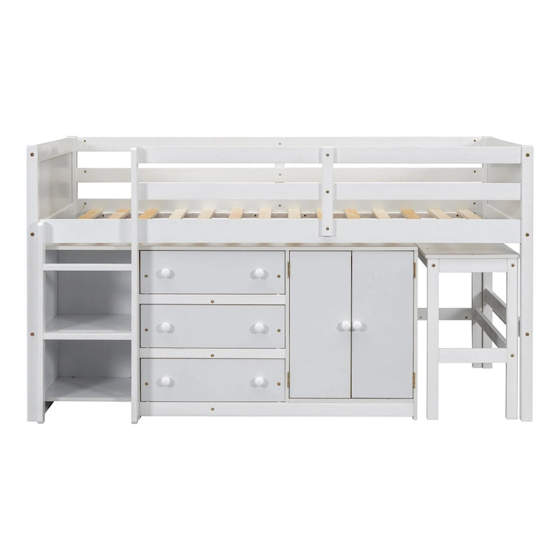 Lit bas mezzanine en bois pour enfant avec bureau coulissant, tiroirs, armoire et étagères