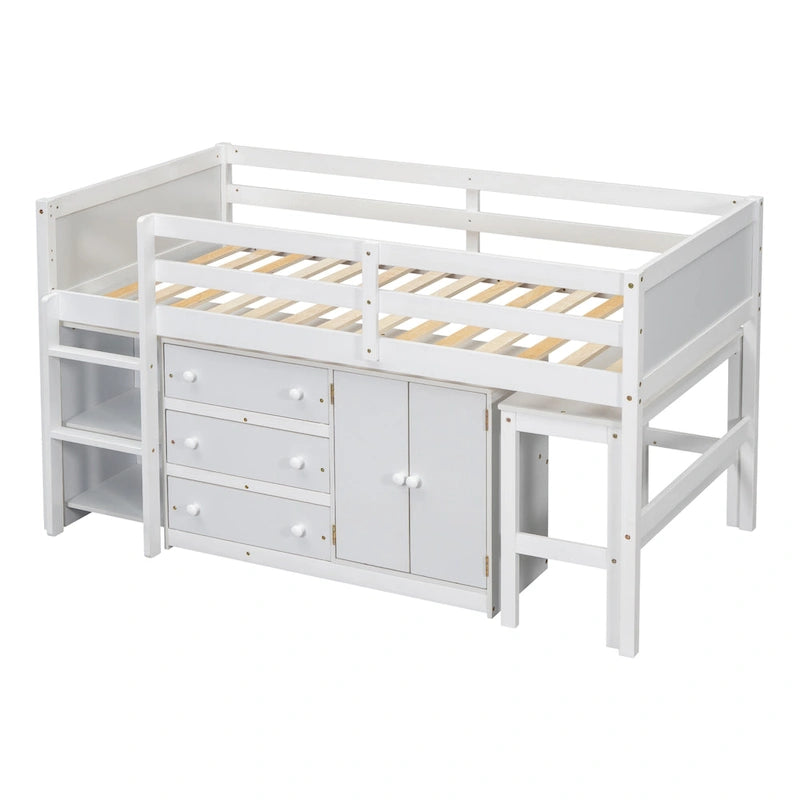 Lit bas mezzanine en bois pour enfant avec bureau coulissant, tiroirs, armoire et étagères