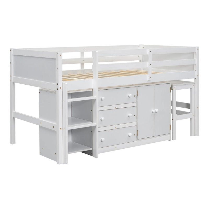 Lit bas mezzanine en bois pour enfant avec bureau coulissant, tiroirs, armoire et étagères