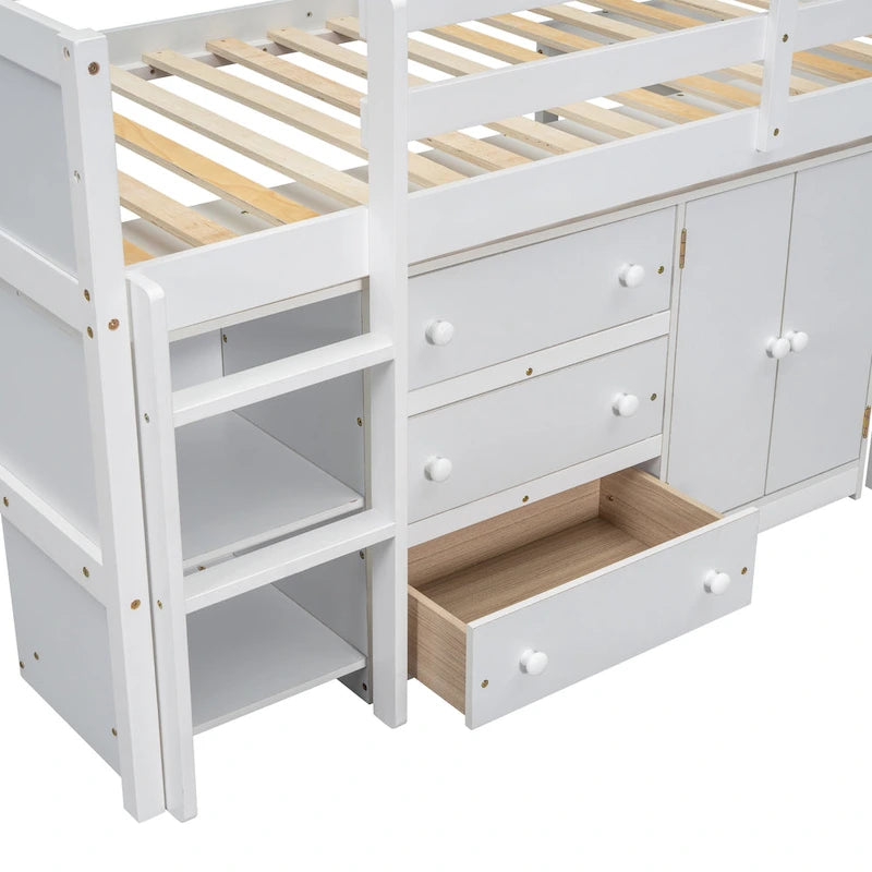 Lit bas mezzanine en bois pour enfant avec bureau coulissant, tiroirs, armoire et étagères