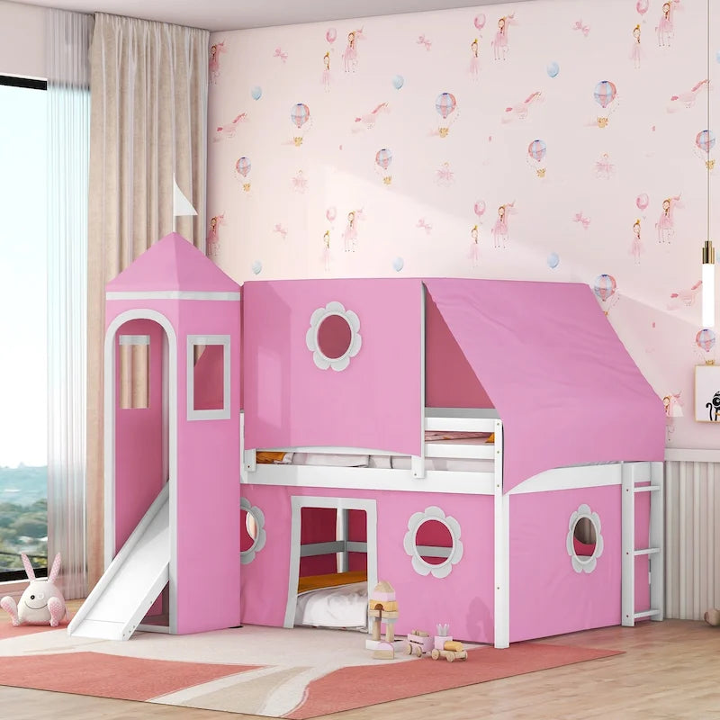 Lit mezzanine en bois massif rose clair avec toboggan