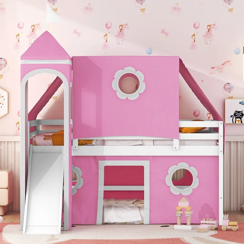 Lit mezzanine en bois massif rose clair avec toboggan