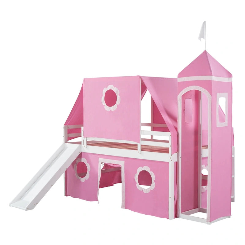 Lit mezzanine en bois massif rose clair avec toboggan