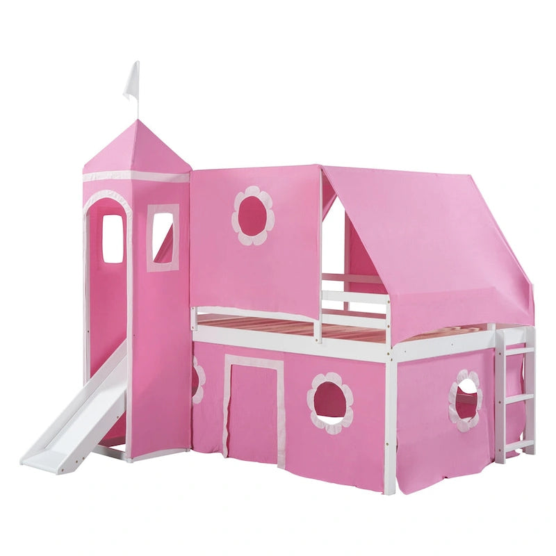 Lit mezzanine en bois massif rose clair avec toboggan