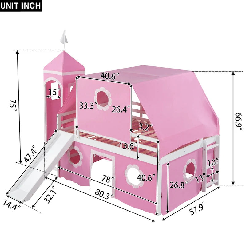 Lit mezzanine en bois massif rose clair avec toboggan