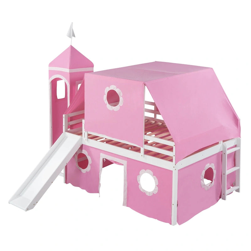 Lit mezzanine en bois massif rose clair avec toboggan