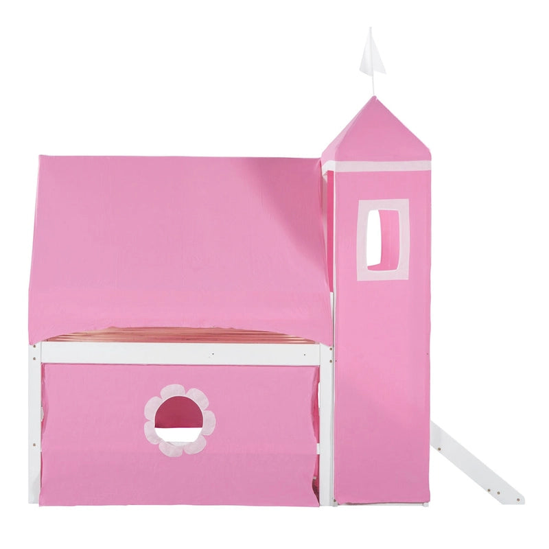Lit mezzanine en bois massif rose clair avec toboggan