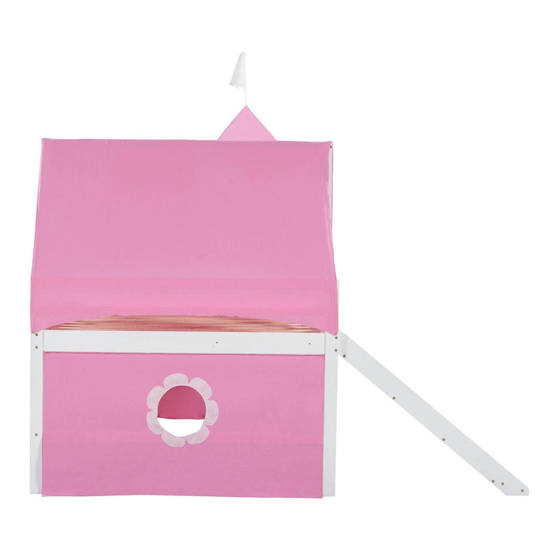 Lit mezzanine en bois massif rose clair avec toboggan