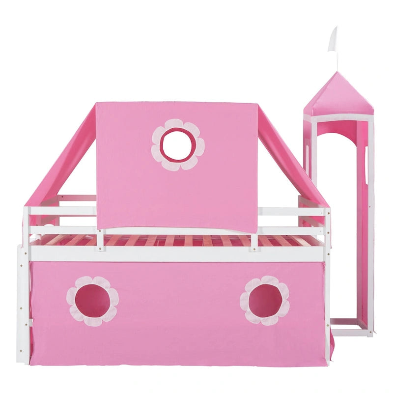 Lit mezzanine en bois massif rose clair avec toboggan