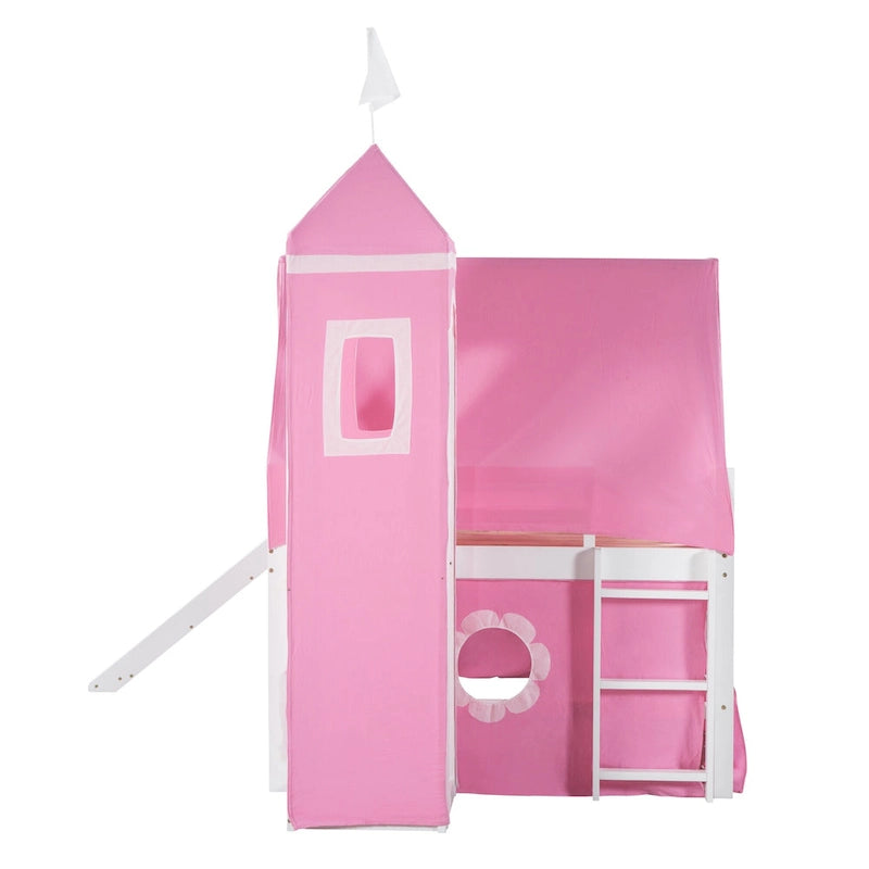Lit mezzanine en bois massif rose clair avec toboggan