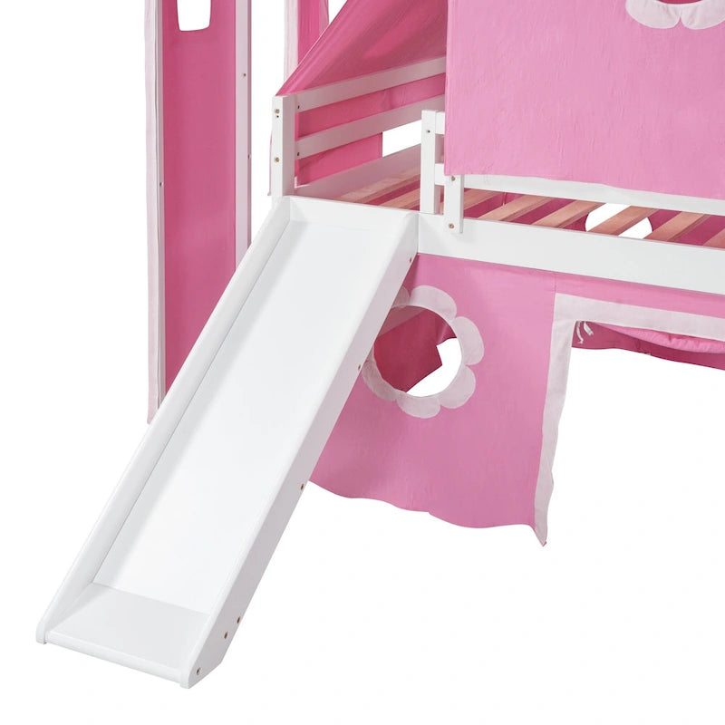 Lit mezzanine en bois massif rose clair avec toboggan