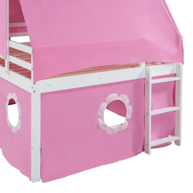 Lit mezzanine en bois massif rose clair avec toboggan