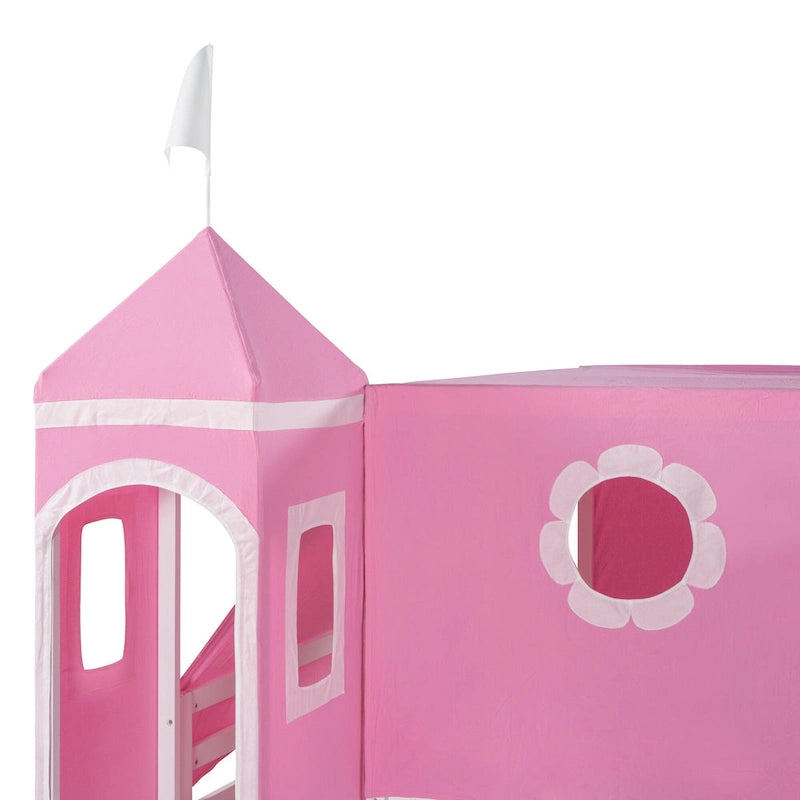 Lit mezzanine en bois massif rose clair avec toboggan