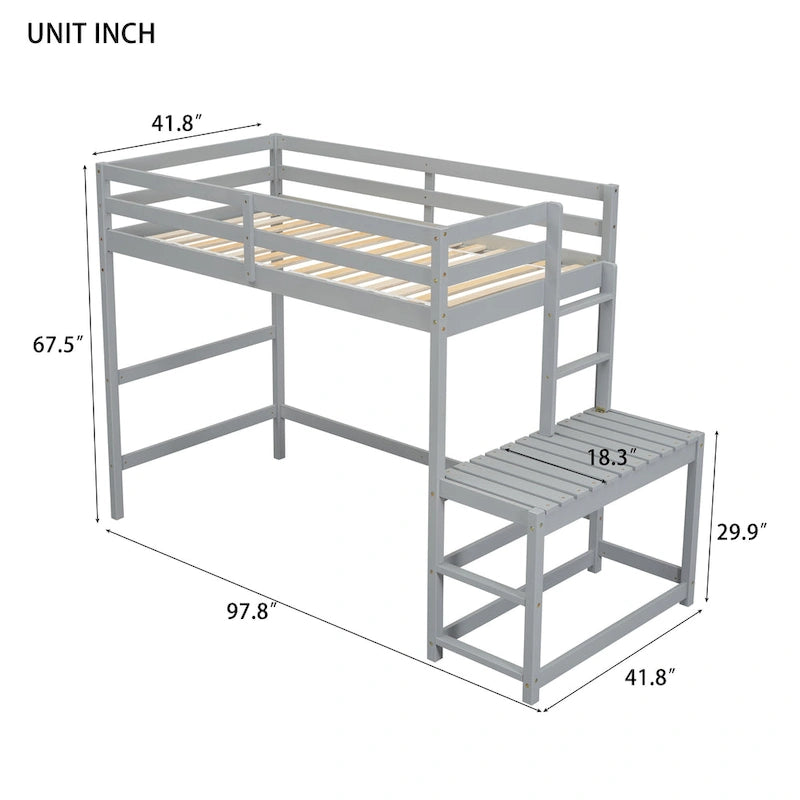 Lit superposé surélevé Gray Twin Pine avec plateforme d'accès
