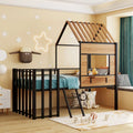 Lit mezzanine double en métal noir avec toit, fenêtre et échelle