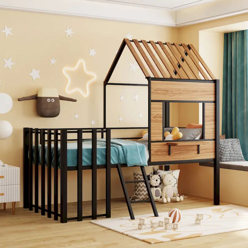 Lit mezzanine double en métal noir avec toit, fenêtre et échelle