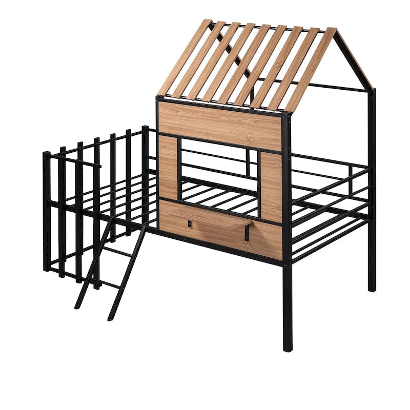 Lit mezzanine double en métal noir avec toit, fenêtre et échelle