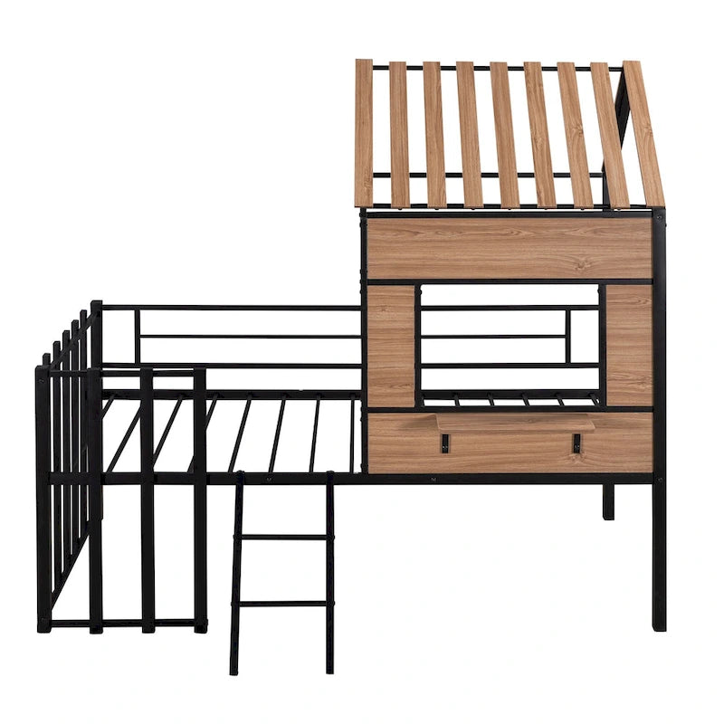 Lit mezzanine double en métal noir avec toit, fenêtre et échelle