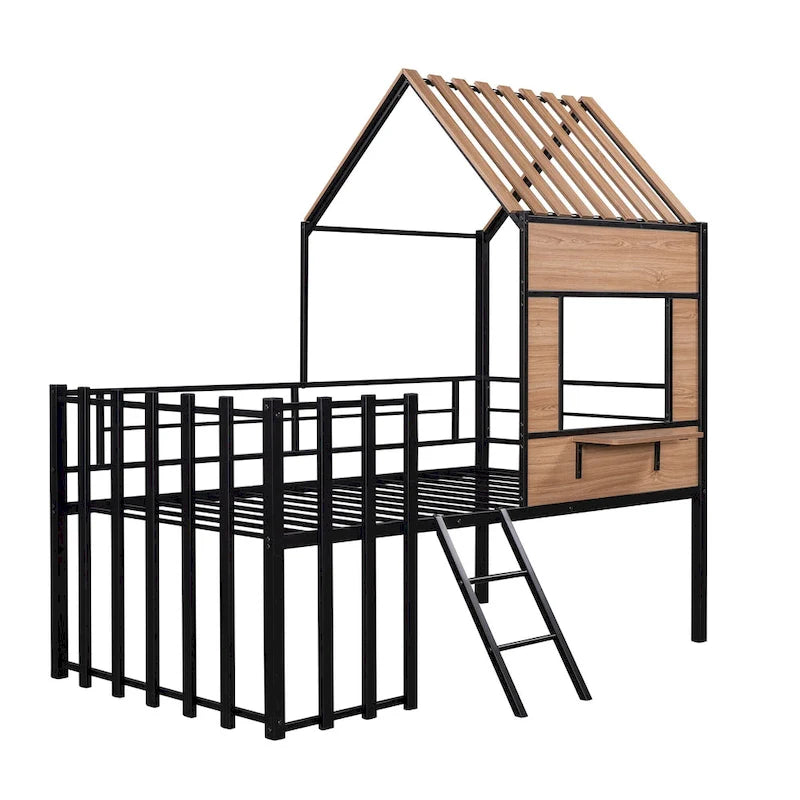 Lit mezzanine double en métal noir avec toit, fenêtre et échelle