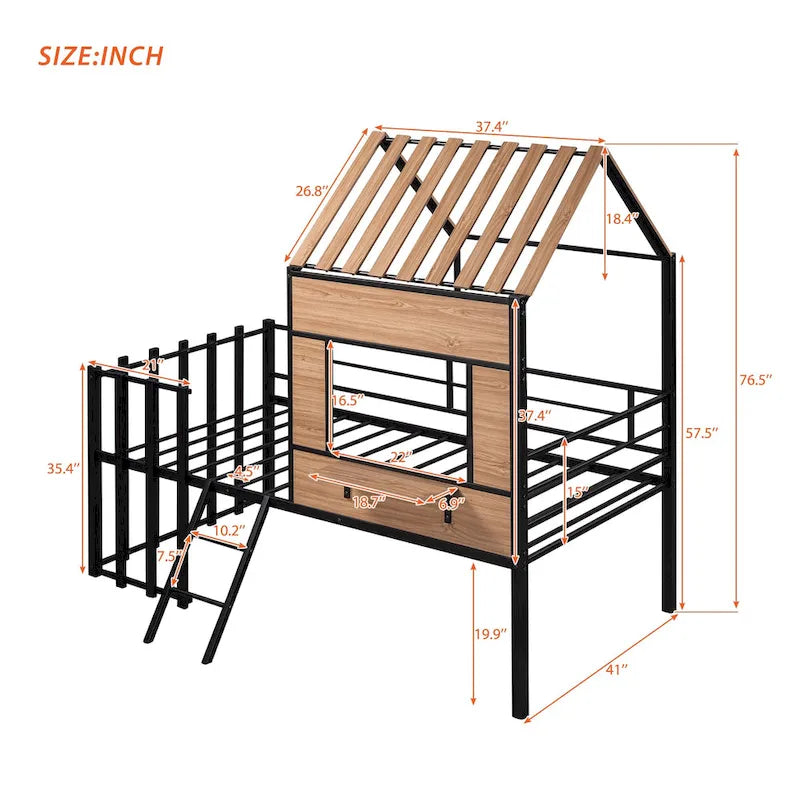 Lit mezzanine double en métal noir avec toit, fenêtre et échelle