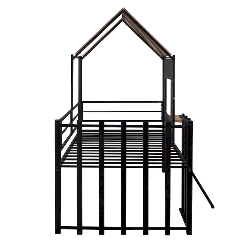 Lit mezzanine double en métal noir avec toit, fenêtre et échelle