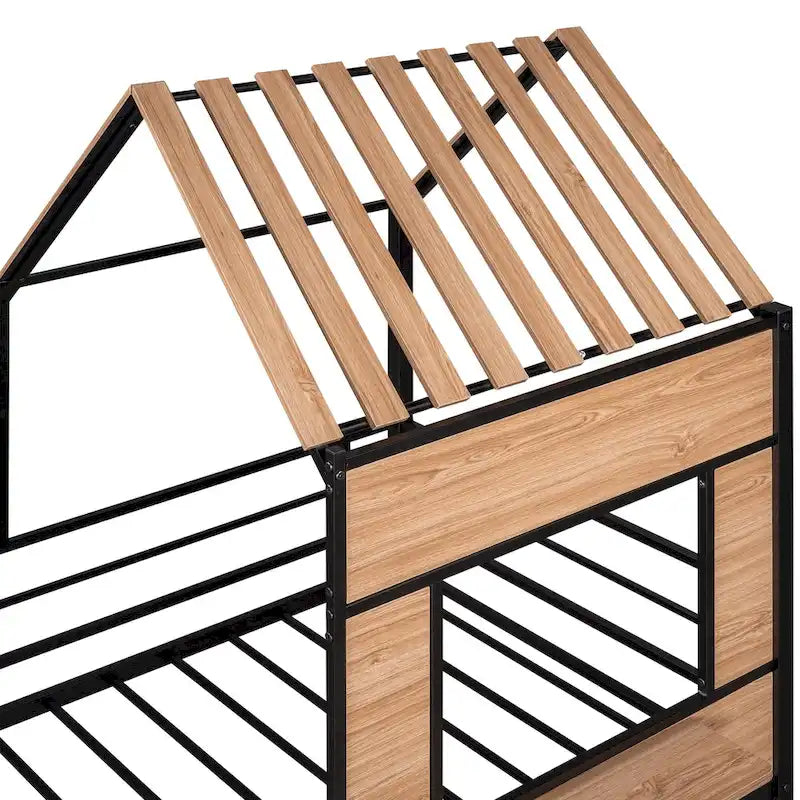 Lit mezzanine double en métal noir avec toit, fenêtre et échelle