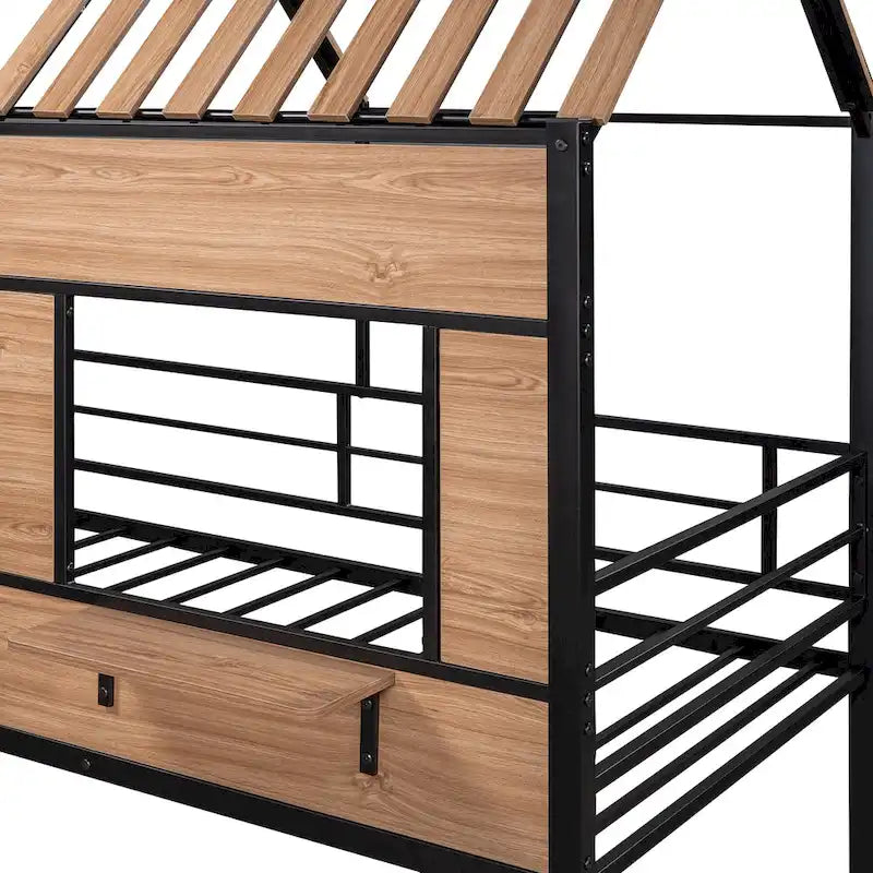 Lit mezzanine double en métal noir avec toit, fenêtre et échelle