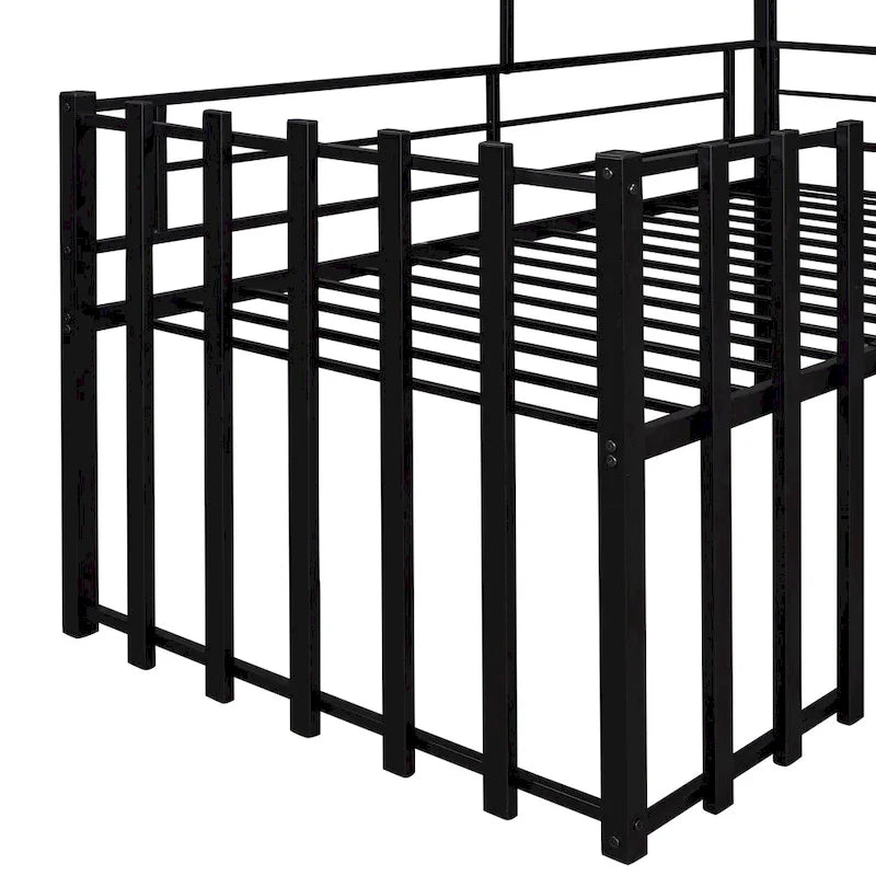 Lit mezzanine double en métal noir avec toit, fenêtre et échelle