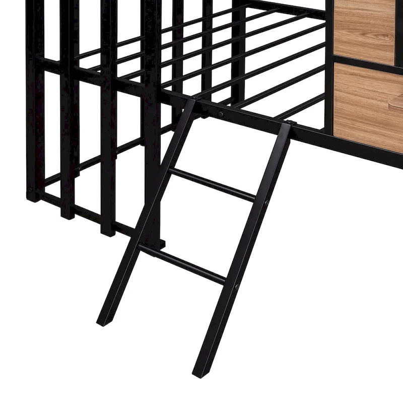 Lit mezzanine double en métal noir avec toit, fenêtre et échelle