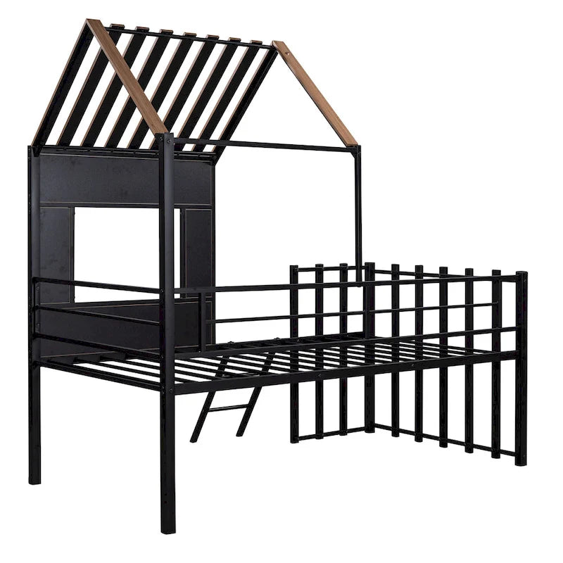 Lit mezzanine double en métal noir avec toit, fenêtre et échelle