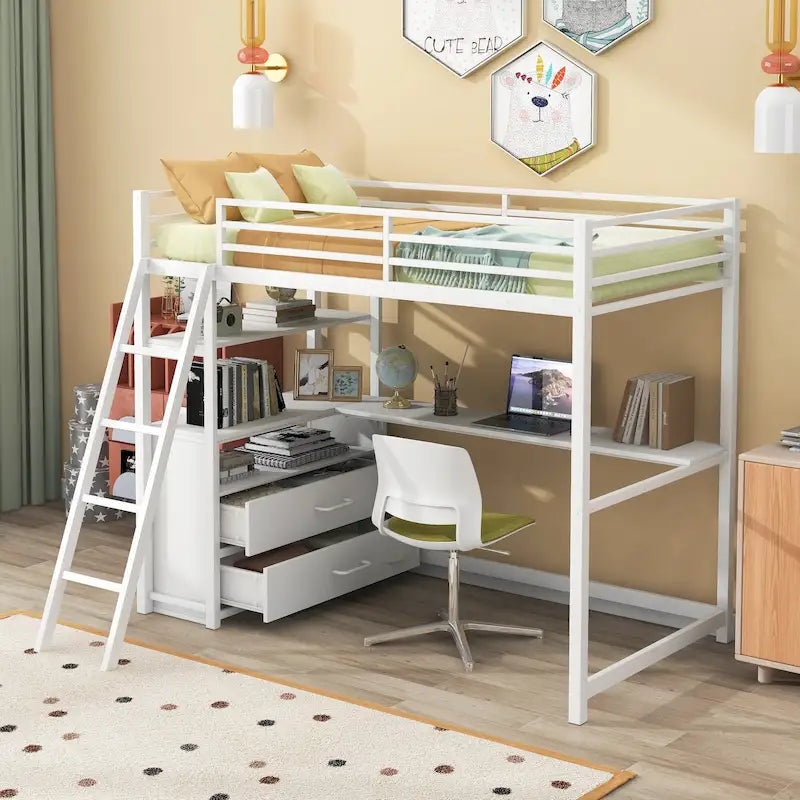Lit mezzanine blanc double en métal et bois avec bureau et tiroirs