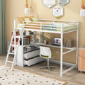 Lit mezzanine blanc double en métal et bois avec bureau et tiroirs