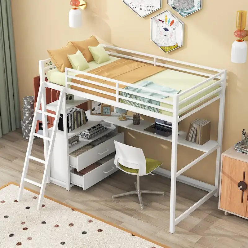 Lit mezzanine blanc double en métal et bois avec bureau et tiroirs