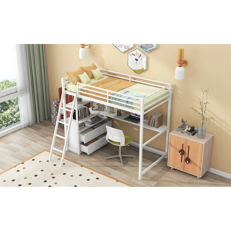 Lit mezzanine blanc double en métal et bois avec bureau et tiroirs