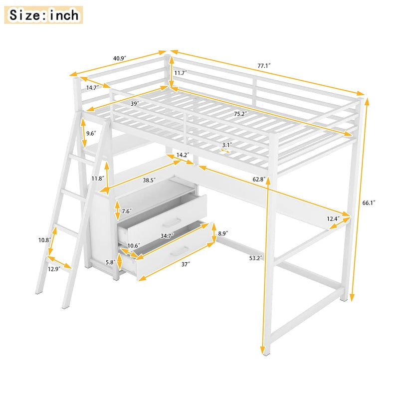 Lit mezzanine blanc double en métal et bois avec bureau et tiroirs