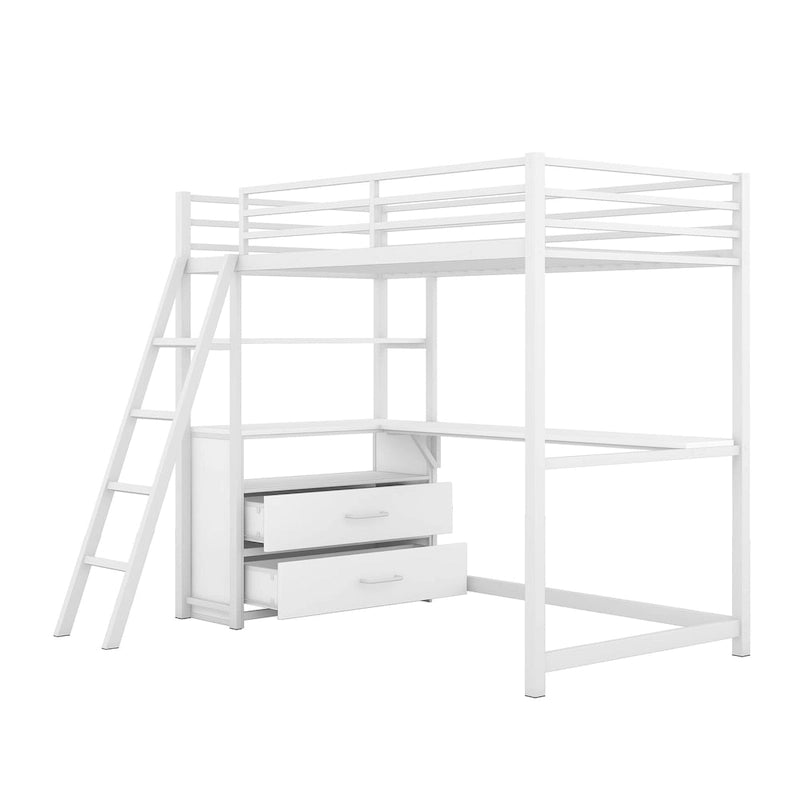 Lit mezzanine blanc double en métal et bois avec bureau et tiroirs