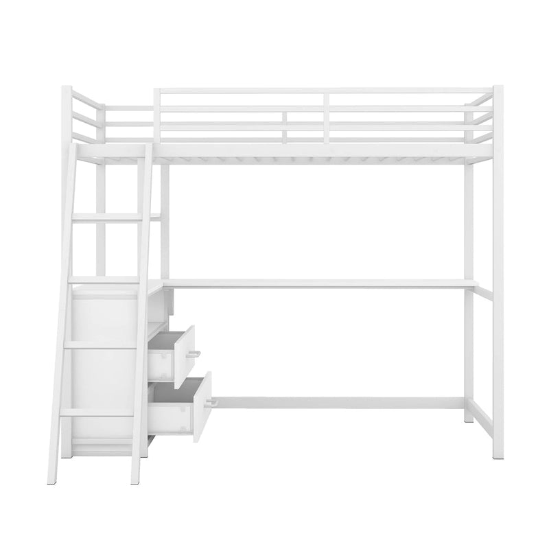 Lit mezzanine blanc double en métal et bois avec bureau et tiroirs