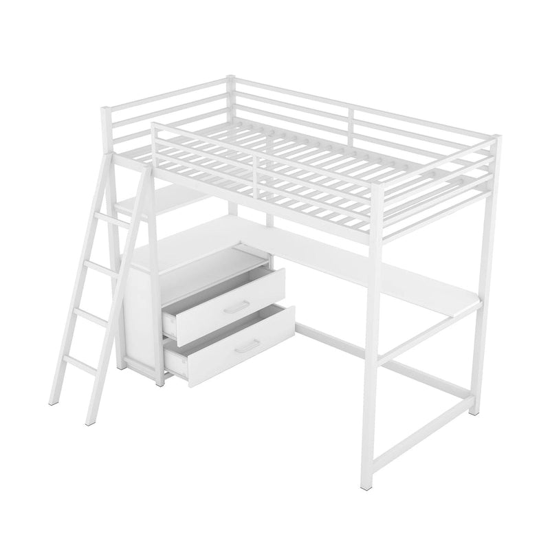 Lit mezzanine blanc double en métal et bois avec bureau et tiroirs