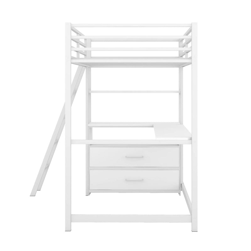 Lit mezzanine blanc double en métal et bois avec bureau et tiroirs