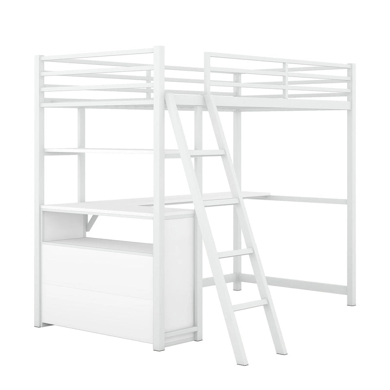 Lit mezzanine blanc double en métal et bois avec bureau et tiroirs