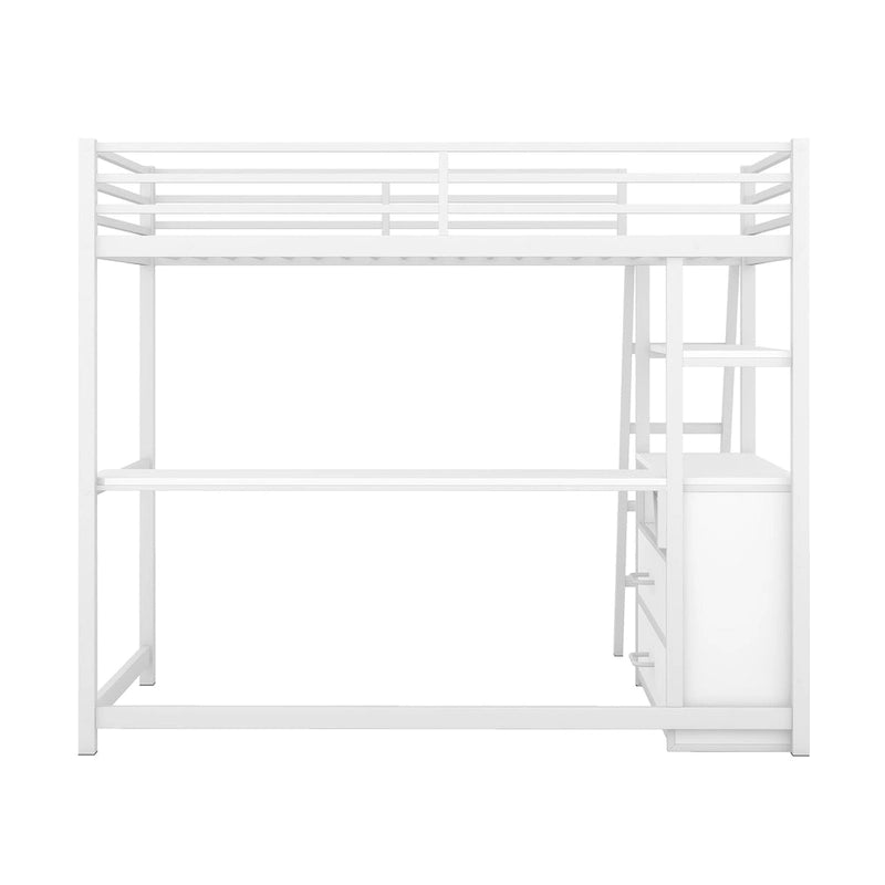 Lit mezzanine blanc double en métal et bois avec bureau et tiroirs