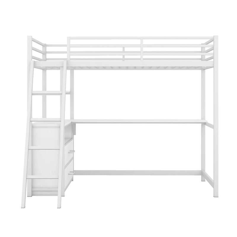 Lit mezzanine blanc double en métal et bois avec bureau et tiroirs