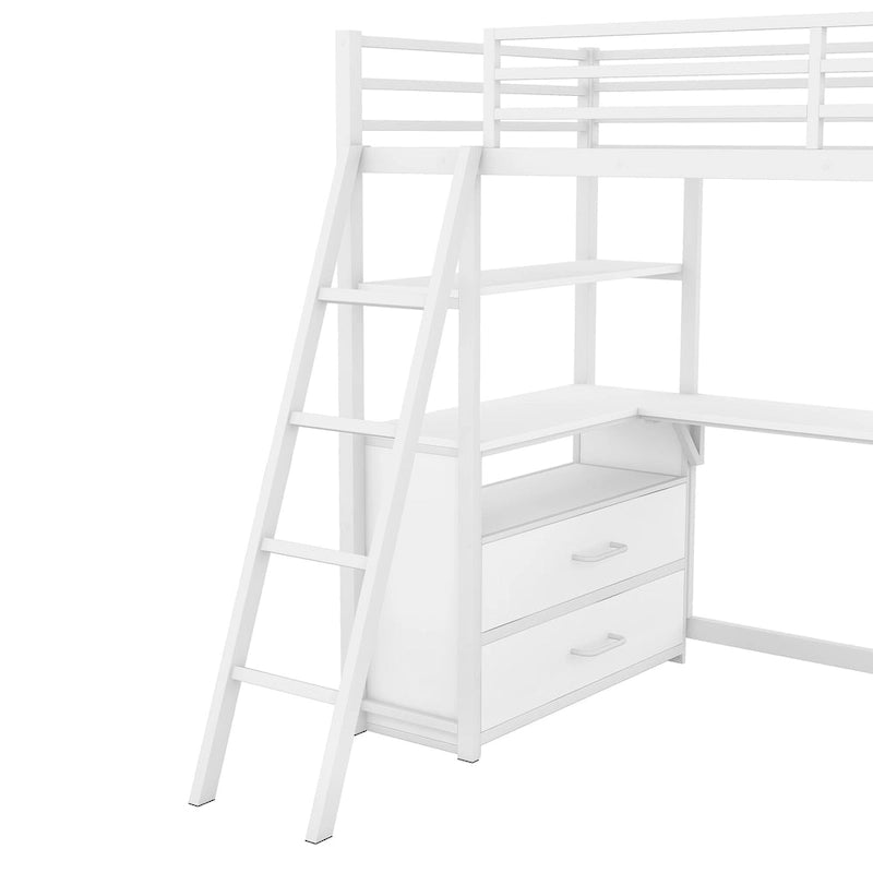Lit mezzanine blanc double en métal et bois avec bureau et tiroirs